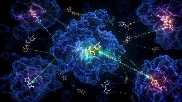 Molecular AI simulation showing drug molecule docking into protein binding pocket