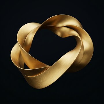 3D render of twisted moebius strip in brushed gold on black background