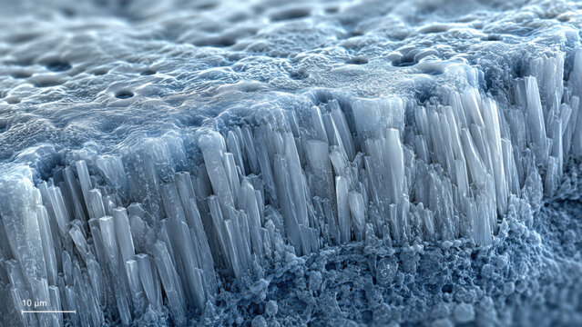 Scientific visualization of dental enamel microstructure with crystalline formations. detailed surface topography for oral care, health research, and clinical documentation