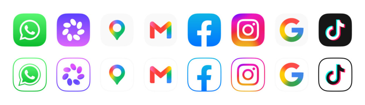 Social media 2027 icon logo vector set. Facebook, Google Maps, TikTok, gmail, WhatsApp, Instagram, Google.