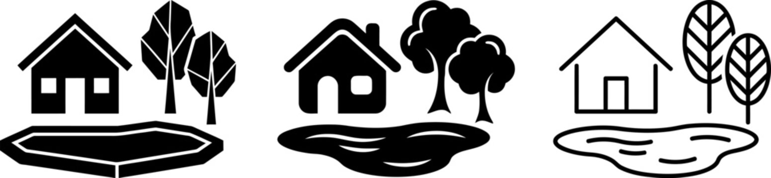 Group of simple black icons featuring houses trees water ponds and fish symbols on transparent background.