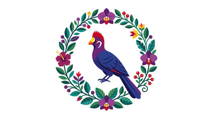 Vibrant Tropical Bird in Floral Wreath, Exotic Nature Illustration © fanya