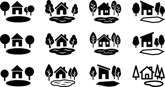 Comprehensive collection of diverse house and cottage designs with trees and ponds, presented as simple black silhouette vector illustrations for various landscapes.