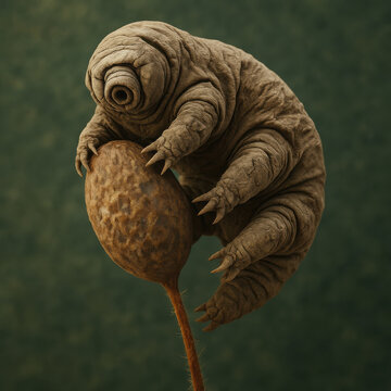 Resilient tardigrade water bear tightly gripping brown moss spore capsule showing tenacious survival during extreme dehydration state against green background