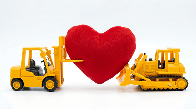 Two toy vehicles carrying a heart on white background, cooperation concept
