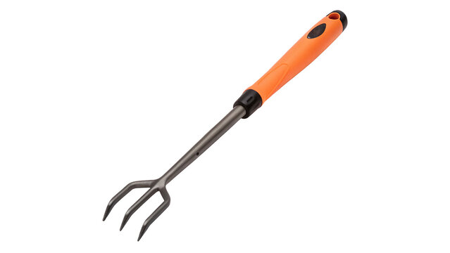 Metal gardening hand fork rake claw with orange handle isolated on transparent background