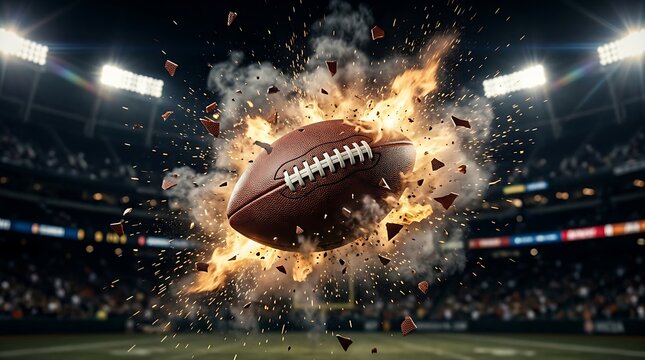 American football ball exploding in intense fire and sparks mid air at a crowded stadium at night with dramatic lighting and high energy action sports atmosphere
