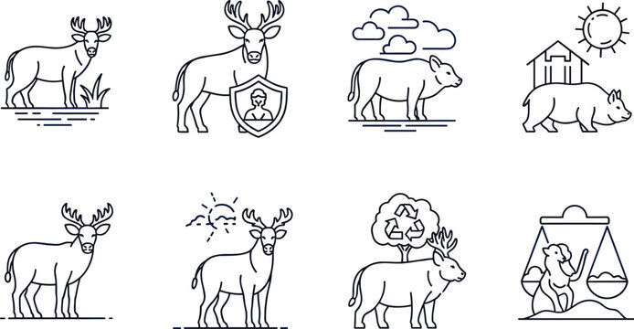 Deer Elk Moose Wildlife And Forest Nature Line Icons Set For Outdoor Adventure Vector Illustration Design