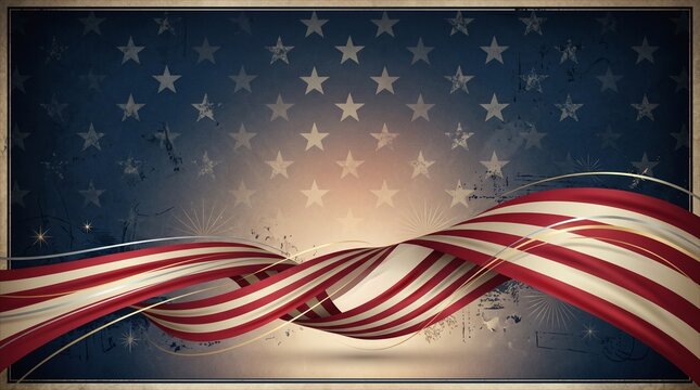 Abstract American Flag-Inspired Wavy Ribbon Design with Vintage Starry Background - ideal for patriotic event promotions, national holiday greetings, historical themes, and versatile graphic design pr