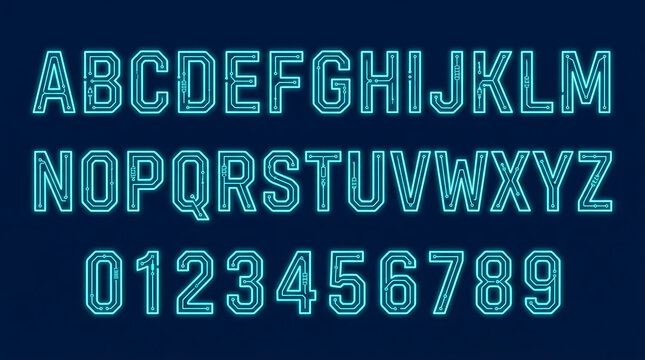 Futuristic Glowing Blue Neon Circuit Board Alphabet and Numbers Font Set on Dark Background