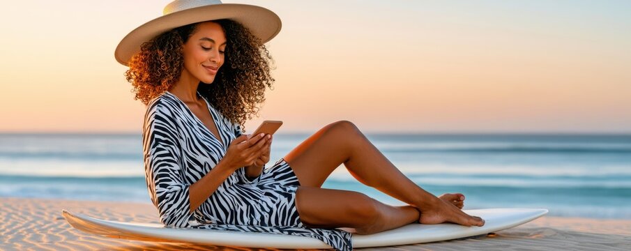 Woman relaxing on surfboard at sunset beach wearing wide-brimmed hat and zebra cover-up using phone