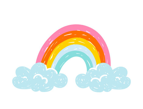 Bright cute rainbow with clouds on white background, children's doodle drawing, simple hand-drawn vector illustration in flat style