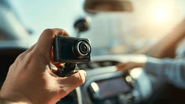 Driver installing a high-tech dashboard camera inside a modern vehicle, securing the dashcam to the windshield to enhance road safety, trip recording, and driving protection,