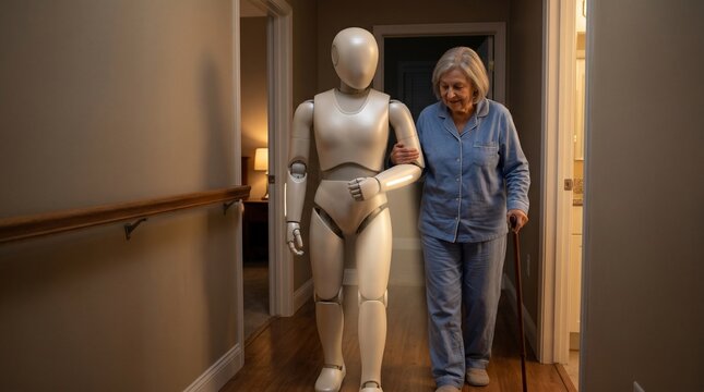 Caregiver robot guiding elderly woman through safe nighttime hallway