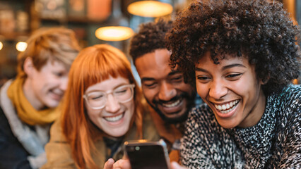 Obraz premium Happy friends gathered around a smartphone in a cozy modern café, smiling and browsing social media together while enjoying coffee and conversation, relaxed lifestyle atmosphere. 