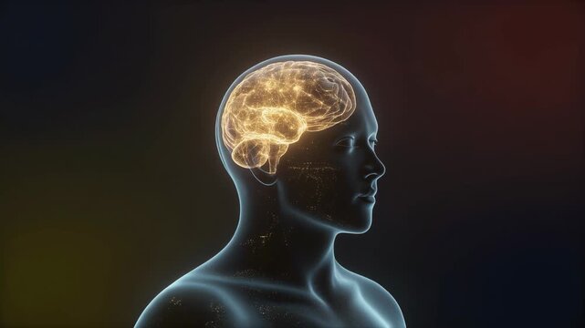 Futuristic human head with glowing neural connections brightening brain activity animation