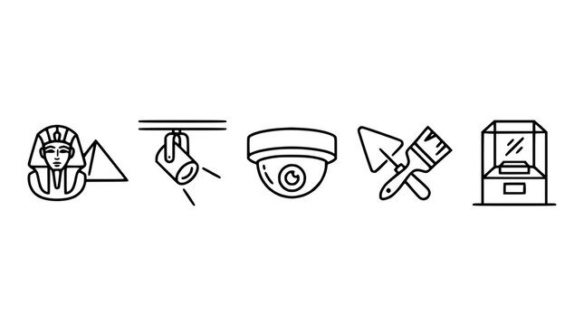 Museum Icons: Egyptian Artifacts, Spotlight, Camera, Tools, Display Case