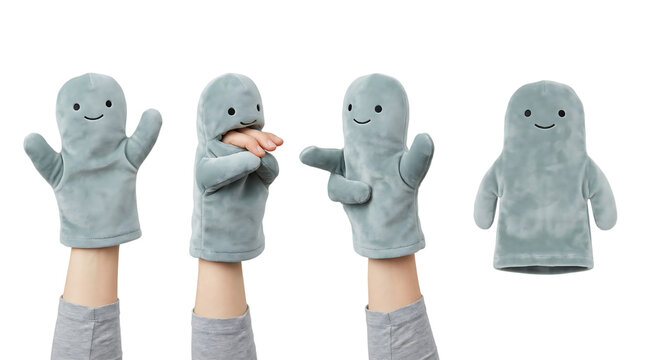 Four hands wearing gray cartoon character finger puppets isolated on white background, png transparent set, bundle collection, products festive celebration, event festival 2026, 2027 2028 download