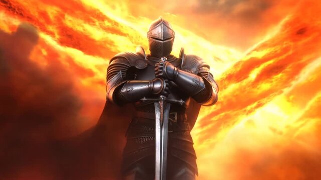 Slow zoom in of armored knight standing with sword against fiery sky and smoke on battlefield dramatic backlit silhouette medieval heroic pose