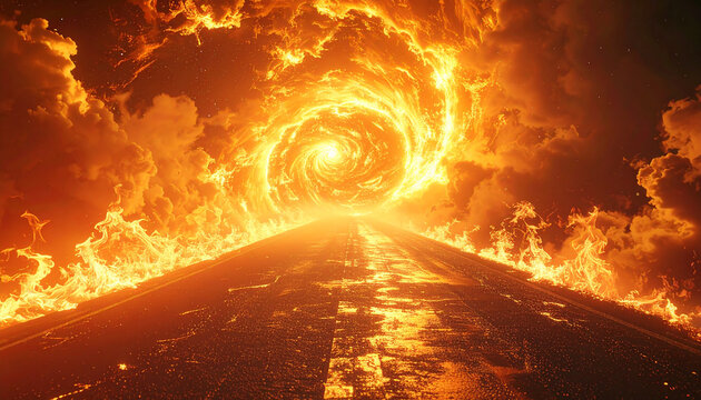 Fiery road leading toward vibrant swirling nebula, intense orange and gold flames framing cosmic pathway, dramatic celestial landscape.