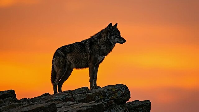 A majestic wolf silhouette against a vibrant sunset backdrop.
