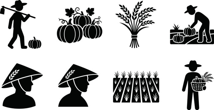 Agriculture icons with farmer harvesting rice and pumpkin vegetable farm worker set silhouette vector collection graphic elements for rural farming business design work.