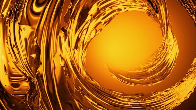 Abstract 3D rendering of dynamic golden liquid swirl and vortex splash on amber background.