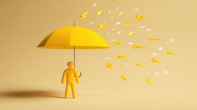 A 3D rendering of a small yellow human figure holding a yellow umbrella, shielding from small lightning bolts, symbolizing protection, safety, and risk aversion.