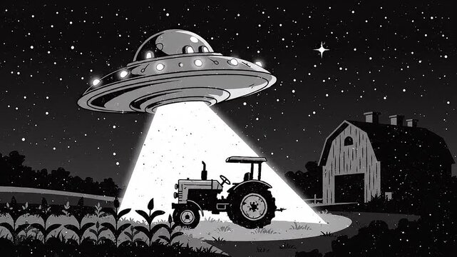 UFO flying saucer with a light beam over a rural field at night. Black and white animation for World UFO Day.