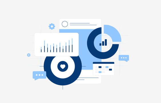 Social media analytics with engagement metrics and audience insights in performance dashboard. Monitor content performance and track social interactions through data visualization vector illustration