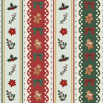 Classic Christmas stripe seamless pattern featuring gingerbread cookies, red bows, holly berries and botanical elements in traditional red and green holiday colors.