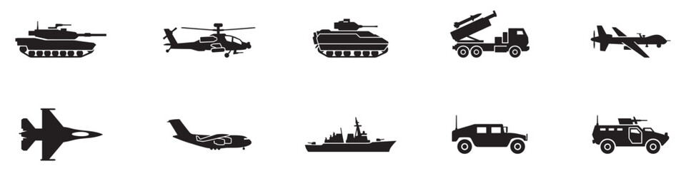 Obraz premium Military vehicle silhouette icon set. Army transport symbols. Tank, helicopter, fighter jet, armored car, warship, rocket launcher and drone signs. Vector illustration, black tactical machinery icons.