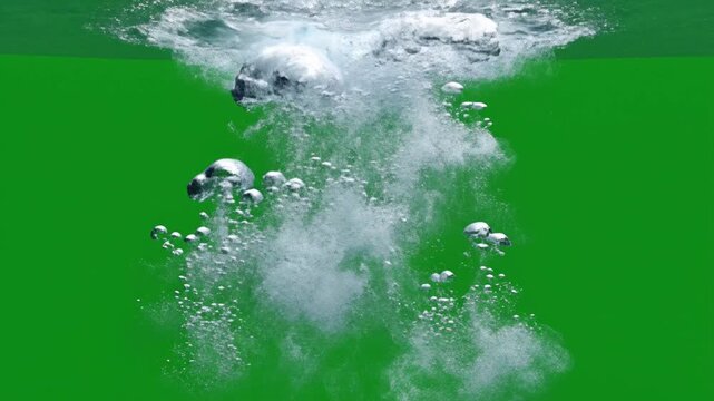 Water bubbles rise toward the surface in a refreshing underwater scene set against a solid green background.