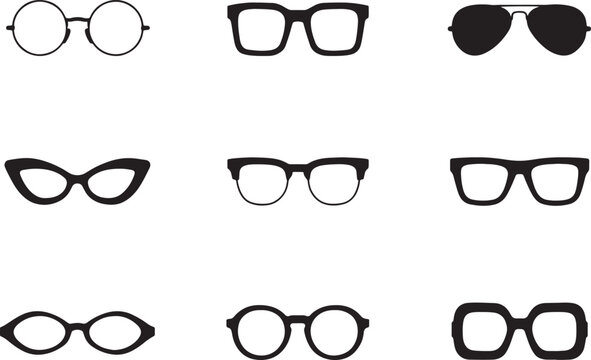 Set of vector eyeglasses and sunglasses icons with fashion eyewear frames, optical lens style illustration collection for vision and accessory design
