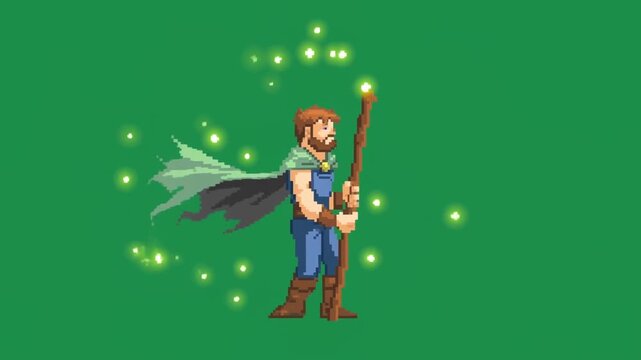 Static shot of pixel mage casting glowing particles with staff on green background sprite backdrop in 2d animation scene