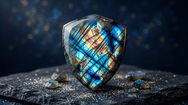 Polished labradorite gemstone shield shape displayed on dark textured stone surface with iridescent blue and gold luster and magical bokeh background lighting