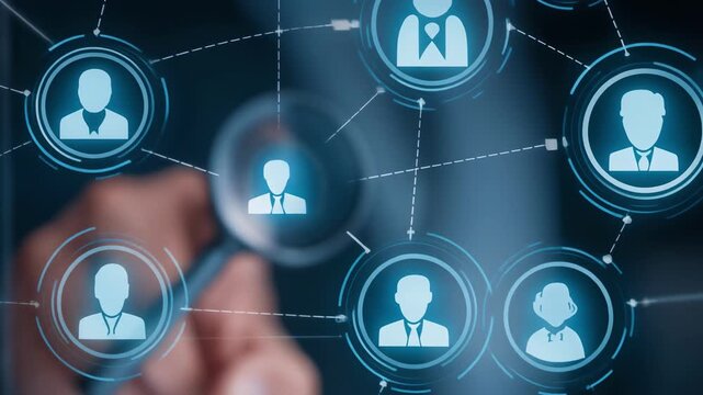 Futuristic digital interface zooming through a network of professional profile icons for business technology