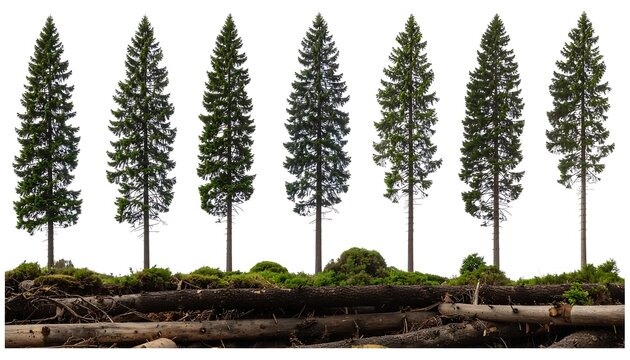 Coniferous Trees with Fallen Logs Isolated on White