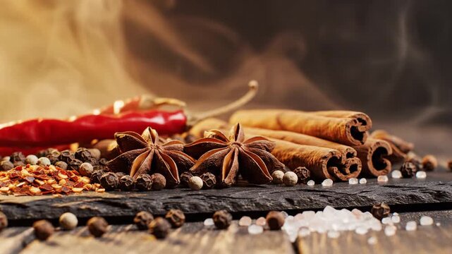 Spices including cinnamon sticks and star anise rest on a dark stone slate to create an aromatic atmosphere for culinary photography.