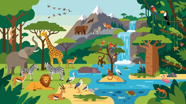Colorful cartoon jungle animal friends together.
