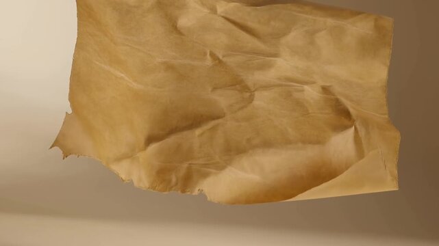 Slow motion closeup view of torn kraft paper fluttering and crumpling with gentle sway against beige neutral studio background