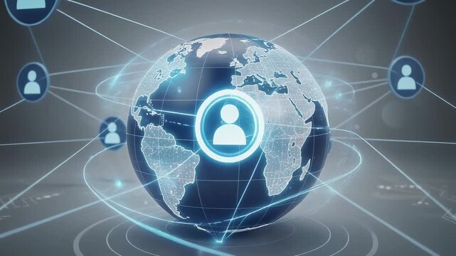 Futuristic digital globe with interconnected user icons and glowing lines representing global communication technology