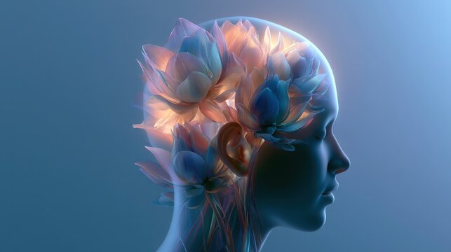 Abstract 3D illustration of a glowing human head profile with blooming soft pastel lotus flowers inside representing mental health, mindfulness, and inner peace.
