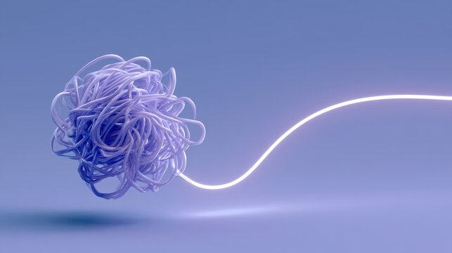 Abstract 3D illustration of a tangled messy string unraveling into a smooth straight glowing line, representing clarity, problem solving, and untangling thoughts.