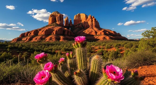Nature's eyecatch vibrant cactus blooms against majestic sedona red rock formations arizona landscape