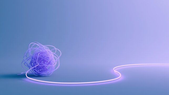Abstract 3D illustration of a tangled messy string unraveling into a smooth straight glowing line representing problem solving and mental clarity.