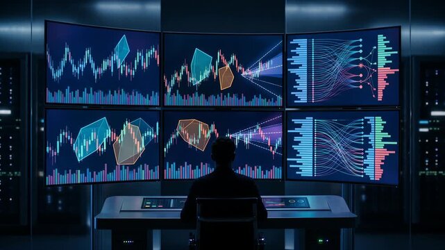AI algorithmic trading workstation with six monitors showing financial data analysis