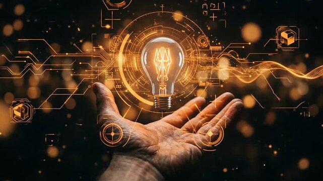 Innovative illustration of human hand holding glowing digital light bulb with futuristic data visualization elements