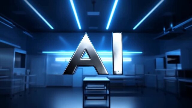 Tracking shot of water droplets coalescing into metallic ai letters floating in futuristic laboratory operating room interior