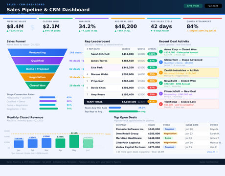 Sales Pipeline & CRM Dashboard &mdash; Rep Leaderboard, Funnel & Deals sales pipeline template